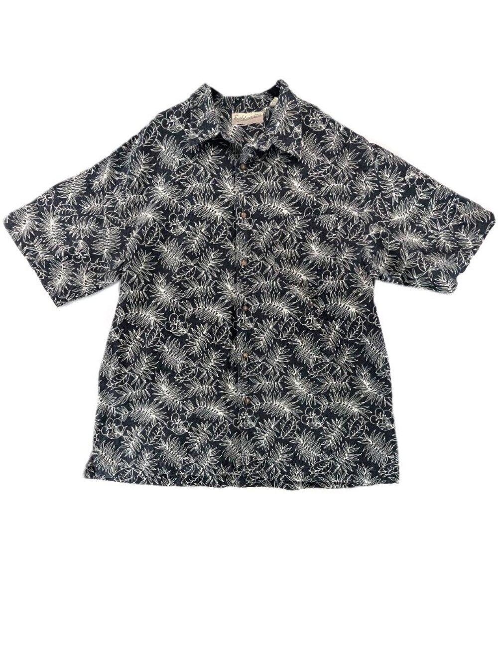 Fieldmaster Button Shirt Mens Size L Floral Linen Blend Beach Resort Black Cream